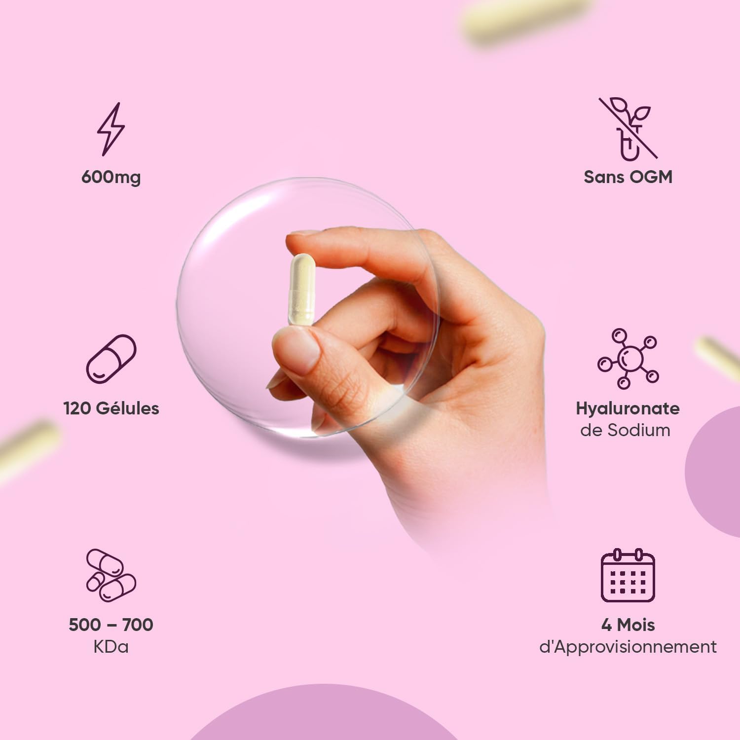 Acide Hyaluronique en Gélules 600mg, 120 Gélules Vegan pour 4 Mois, 500-700 kDa Acide Hyaluronique sous Forme d'Hyaluronate de Sodium, sans OGM ni Stéarate de Magnésium