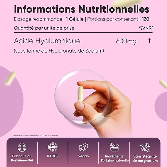 Acide Hyaluronique en Gélules 600mg, 120 Gélules Vegan pour 4 Mois, 500-700 kDa Acide Hyaluronique sous Forme d'Hyaluronate de Sodium, sans OGM ni Stéarate de Magnésium