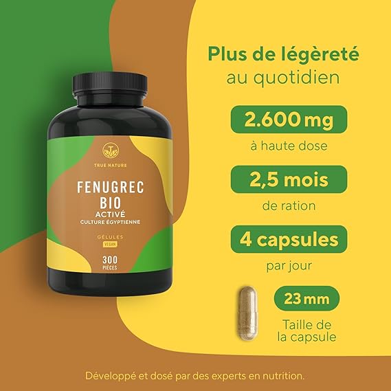 Fenugrec Bio - 2.600 mg par dose - 300 Gélules pour 75 jours - Riche en Antioxydants, Protéines & Minéraux - Vegan - Sans Additifs, Lactose & Gluten - TRUE NATURE