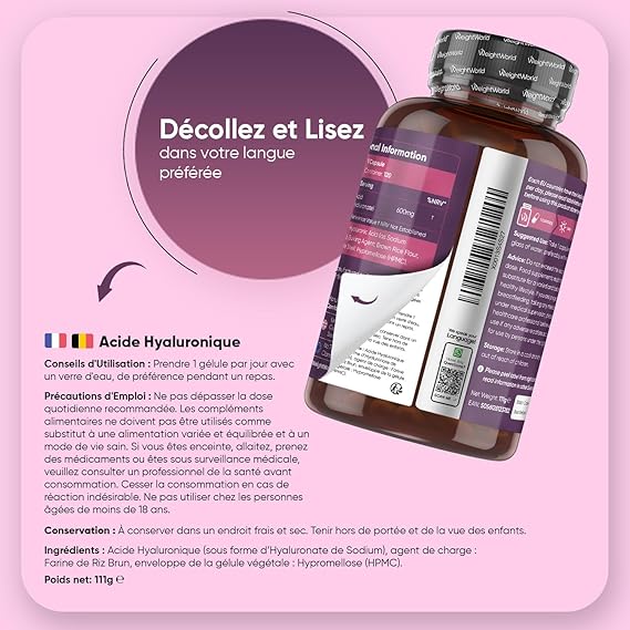 Acide Hyaluronique en Gélules 600mg, 120 Gélules Vegan pour 4 Mois, 500-700 kDa Acide Hyaluronique sous Forme d'Hyaluronate de Sodium, sans OGM ni Stéarate de Magnésium