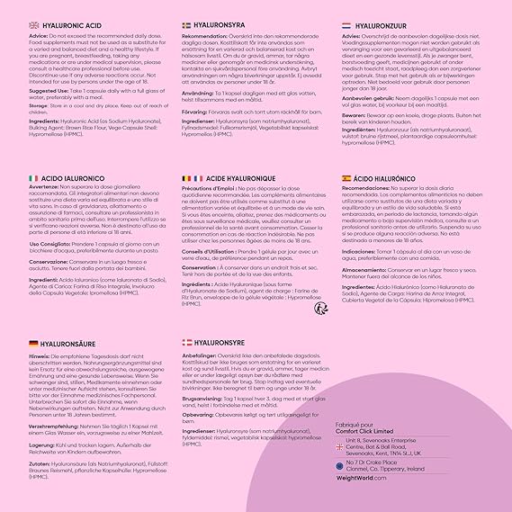 Acide Hyaluronique en Gélules 600mg, 120 Gélules Vegan pour 4 Mois, 500-700 kDa Acide Hyaluronique sous Forme d'Hyaluronate de Sodium, sans OGM ni Stéarate de Magnésium