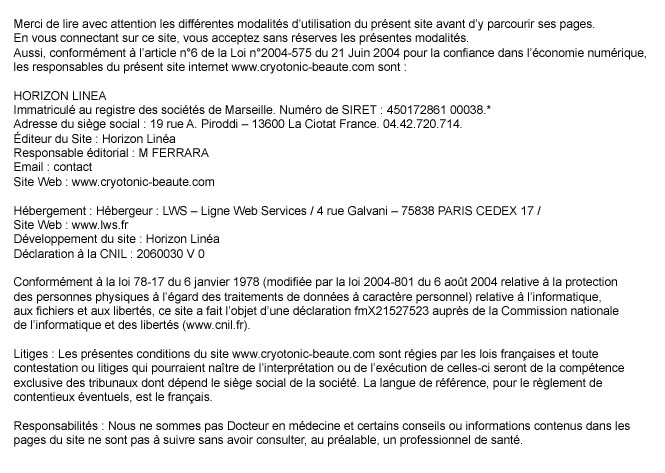 Mentions légales du site beauté bien être www.cryotonic-beaute.com