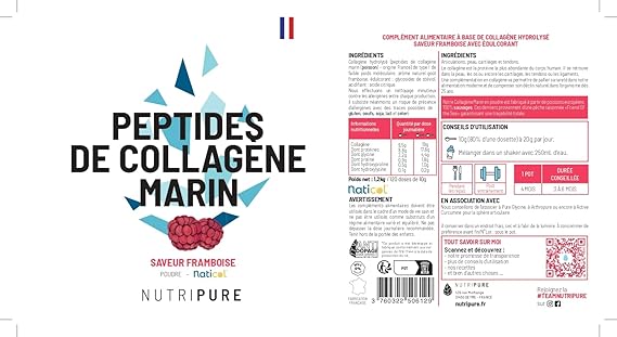 Nutripure | Collagène Marin Sauvage en Poudre | Complément Alimentaire Articulations, Soin des Cheveux & Ongles, Peau | Collagène Marin Hydrolisé | Pot 1,2KG | 4 mois | Goût Framboise | Made in France
